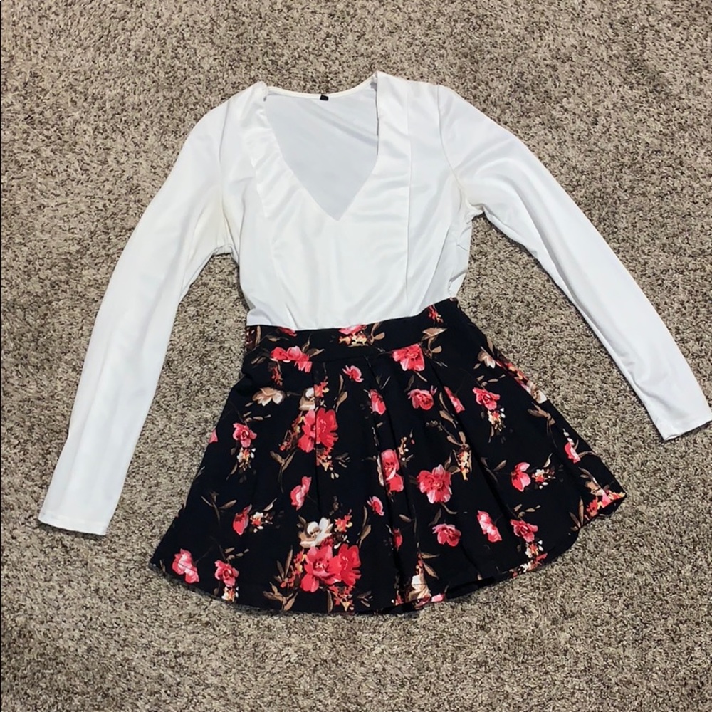 Mini Dress - White Top and Floral Bottom